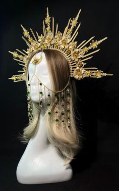 "Our crowns are handmade using quality and variety materials: -headband - zip ties - glass beads - glass rhinestones - artificial flowers - metal filigree The crown or halo crown is light and comfortable to wear. Maximum height spikes 1.5\" or 2.5\" or 4\" or 5.5\". The size of the halo crown is universal for an adult. When ordering, you can choose the color of the crown (gold, silver, black, rose gold) and a large selection colors of glass rhinestones. Our products are perfect for wedding, festival, party, photo shoot or Halloween. The crown (halo crown) will be a great addition to fine photography, will make your look luxurious and unforgettable. ** Processing time and delivery time: Order proccesing time is 1-6 days. If you need an order urgently, please let us know before purchasing an Padme Amidala Headpiece, Extravagant Headpiece, Cool Crowns, Valkyrie Crown, Sun Priestess, Crown With Horns, Sun Reference, Sun Halo Crown, Sun Goddess Crown