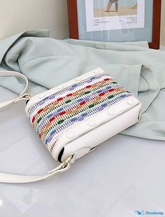 OrcaJump - Rainbow Womens Sling Mobile Phone Bag Crossbody Shoulder Bag Solid Color Straw Zipper Daily Going Out Casual White Crossbody Box Bag, White Casual Box Bag With Adjustable Strap, Casual White Box Bag With Adjustable Strap, Casual White Box Shoulder Bag, White Casual Box Bag For Errands, Casual White Box Bag For Errands, White Rectangular Bucket Bag With Zipper, White Rectangular Bucket Bag With Zipper Closure, Mobile Phone Bag