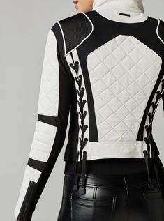 Moto Jacket Black and White Colorblock | Blanc Noir Online Store White And Black Leather Jacket, Futuristic Jacket, Pantalon Vinyl, White Moto Jacket, Jacket Black And White, Wild Night, Moto Biker Jacket, Lambskin Leather Jacket, Women Lifestyle