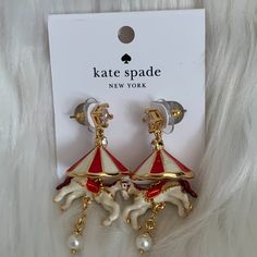 Kate Spade Winter Wonderland Carousel Stud Earrings *New With Tags *Gold-Tone Stud Earrings *Gold-Tone Enamel Horse Carousel Design *Approximate Dimensions: 2" Drop Length *Includes Kate Spade Dust Bag Kate Spade Red Earrings For Gift, Kate Spade Dangle Earrings As A Gift, Kate Spade Dangle Earrings For Gifts, Carousel Design, Horse Carousel, Crab Earrings, Kate Spade Heart, Kate Spade Disney, Knot Stud Earrings