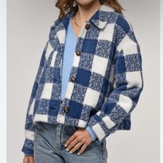 Nwt Nate Large Check Cozy Cropped Jacket | Greylin | Small | Navy Blue/White Brand New With Tags, Navy Blue And White Checkered Cropped Ultra Soft Jacket Cozy Blue Outerwear For Fall, Cozy Blue Long Sleeve Outerwear, Cozy Blue Outerwear For Spring, Cozy Blue Spring Outerwear, Cozy White Button-up Outerwear, Soft Jacket, Checked Jacket, White Brand, Cropped Jacket