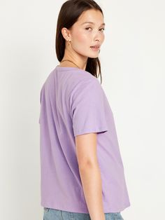 rib-knit v-neck short sleeves relaxed fit hits below waist models are approx.  5'9" and wear sizes s (4), l (12), and xl (18) Fashion Purple, Navy Purple, Jack White, Fresh Face, Jack Black, Woman Fashion, Knitted Tshirt, Fashion Face, Navy Tops