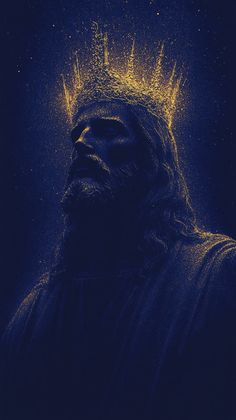 a man with a crown on his head in blue and yellow light, looking up at the sky