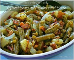 green beans and potatoes with bacon in a bowl