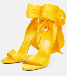 Luxury Party Sandals With Satin Bow, Spring Satin Heels With Ankle Tie, Spring Satin Ankle Tie Heels, Evening Sandals With Satin Bow, Luxury Satin Sandals, Summer Satin Ankle Tie Heels, Satin Sandals For Summer Events, Summer Satin Sandals With Bow, Satin Bow Sandals For Summer