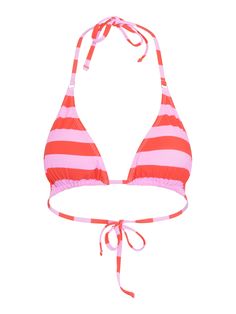 The triangle string bikini is a silhouette that instantly transports us to days spent poolside and Clarissa is no exception. Crafted from recycled polyester, she features a colour-pop pink and red stripe with tie detail at the back. Pair with matching Janice bikini bottoms to complete the set. Red Triangle Top Swimwear With Adjustable Straps, Striped Halter Neck Summer Swimwear, Adjustable Striped Swimwear For Summer, Pink Beach Swimwear With Adjustable Straps, Striped Swimwear With Adjustable Straps For Pool, Striped Triangle Top Swimwear For Summer, Striped Halter Neck Swimwear For Poolside, Striped Triangle Top Swimwear For Beach, Pink Triangle Swimwear For Spring