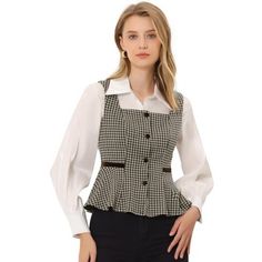 Elegant vest suit for women embellished with single button front, comes withvintage houndstooth pattern.
Comfortable nice fabric with stretchy can easy pair with casual blouses or solid dress to build an urban chic lady outfit.
Peplum button-down vest tank coat with elegant square neck,ruffles a-line hem, faux decor pockets, match with the tops you favor and show your charming.
Versatile and timeless design, details collocation makes you more and more delicate.
You can wear a bow tie decor butto Tailored Tops For Fall, Tailored Tops For Office Wear In Fall, Sleeveless Fall Outerwear For Office, Fall Office Vest With Button Closure, Tailored Blouse For Fall, Formal Vest Top For Fall, Fall Vest With Button Closure And Long Sleeves, Elegant Vest Tops For Fall, Chic Fitted Single Breasted Top