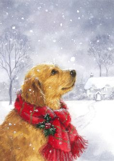 a painting of a dog in the snow wearing a red scarf and holding a christmas ornament