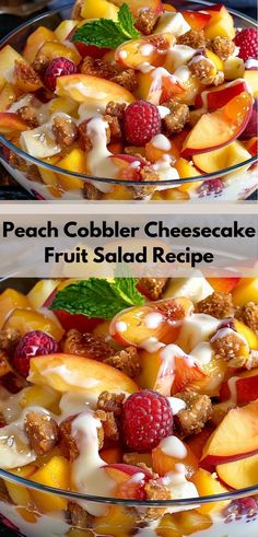 peach cobbler cheesecake fruit salad recipe in a glass bowl with mint leaves on top