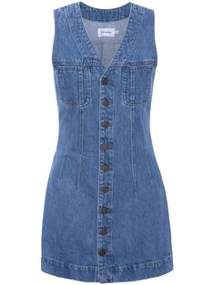 FRAME Sleeveless Trucker Denim Mini Dress - Farfetch V-neck Denim Dress For Work, 80s Fashion For Women Outfits, 70s Denim Dress, V-neck Denim Dress With Pockets, Dark Wash Sleeveless Mini Dress With Pockets, Sleeveless Dark Wash Mini Dress With Pockets, Cotton V-neck Denim Vest For Summer, Summer Workwear Denim Vest With Button Closure, Fitted Casual Denim Vest With V-neck