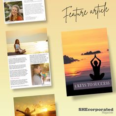 the front and back pages of a magazine with images of people doing yoga at sunset