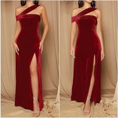 two photos of a woman wearing a red dress with one side slit and the other side split