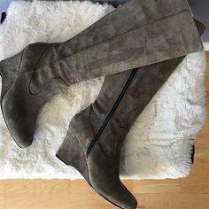 Beautiful Taupe/Grey Suede Born Boots Size 8.5 That Have Never Been Worn. These Boots Have A 3” Covered Wedge Heel And A Full Side Zip For Easy On/Off. The Boots Are 15” From The Top Of The Heel To The Top Of The Boot. The Outside Circumference At The Top Of The Boot Is 15.75”. They Are Suede Leather With A Man Made Lining And A Rubber Sole. These Boots Have Never Been Worn But Please Note There Are Some Scuff Marks On The Suede. Western Riding Boots, Born Boots, Distressed Leather Boots, Lace Up Heel Boots, Tall Brown Leather Boots, Brown Leather Riding Boots, Black Leather Riding Boots, Black Leather Boots Tall, High Heeled Boots