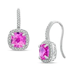 She's certain to fall in love with these captivating gemstone drop earrings. Fashioned in sleek sterling silver, each earring is centered with a lovely 7.0mm cushion-cut lab-created lusciuos pink sapphire, glittering in a classic four prong setting. A halo frame of shimmering lab-created white sapphires wraps these precious gemstones in a sparkling embrace, and line the front of the linear drop, adding even more brilliance. An elegant look she's certain to adore, these post-style earrings suspen Fine Jewelry Diamond Birthstone Earrings, Pink Diamond Earrings In Sterling Silver, Classic Pink Sterling Silver Earrings, Elegant Birthstone Diamond Earrings, Sterling Silver Halo Design Earrings, Halo Setting Drop Earrings, Sterling Silver Birthstone Drop Earrings, Sterling Silver Halo Design Dangle Earrings, Sterling Silver Dangle Earrings With Halo Design