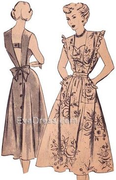 "9-piece pattern originally by mail order service via The News Pattern Co., this pinafore sundress has a button strap across the low back, at the waistline of which the sash ties into a bow. The optional pockets and front and back shoulder straps may be trimmed in ruffles. SUGGESTED FABRICS: Spun rayon, printed cottons, novelty cottons, cotton lace, sheer cottons, printed silks, faille, velvet, satin, novelty silks, sheer wools, chiffon wools, wool crepe. 1/2\" seams are given. All of my pattern Sun Dress Pattern, 1940s Dress Pattern, 1940 Dress, Vintage Pinafore, Sundress Pattern, Wool Crepe, Vintage Dress Patterns, Aprons Patterns, Motif Vintage