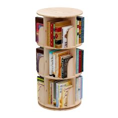 a wooden book shelf filled with lots of books