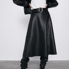 Brea Faux Leather Flare Midi Skirts Long Leather Skirt, Belted Midi Skirt, Pu Skirt, Pu Leather Skirt, Umbrella Skirt, Skirt With Belt, Midi Flare Skirt, Black Pleated Skirt, Skirts Midi High Waisted