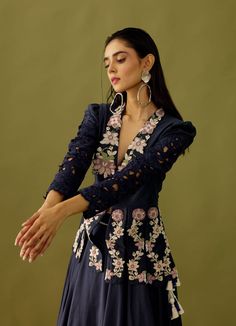 Editor's Note Indigo Chanderi Floral Embroidered With Cord-work Jacket Note: Skirt worn by model is for styling purposes only Color: Indigo Fabric: Chanderi Care: Dry Clean Only   About the Des... Panel Jacket, Western Wear Outfits, Indigo Fabric, International Style, Beaded Neckline, Pattern Embroidery, Jacket For Women, Work Jackets, Floral Motifs