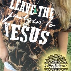 a woman wearing a tie dye shirt with the words leave the virgin to jesus on it