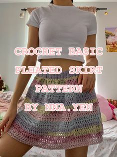 there is a woman wearing a crochet skirt with the words crochet basic pleated skirt pattern by ninja yarn