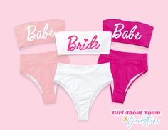 three bikinis with the word bride written on them in pink, white and pink