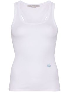 white lyocell-cotton blend lightweight jersey scoop neck sleeveless embroidered logo to the front straight hem This item contains at least 50% materials which are certified or widely recognised as having a lower environmental impact through production and/or manufacturing processes that reduce water consumption and the use of harmful chemicals, or re-use by-products of the production process. Learn more about what makes a product Conscious on our Conscious Criteria page White Stretch Cotton Tank Top, Everyday White Cotton Vest, White Seamless Crew Neck Tank Top, Classic White Tank Top For Everyday, White Cotton Scoop Neck Vest, White Classic Crew Neck Tank Top, White Stretch Basic Vest, White Classic Tank Top, Classic White Tank Top For Spring