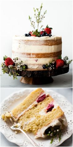 two different cakes with strawberries on top and one cake with berries on the bottom