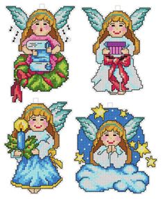 four cross stitch angels in different positions with stars on their wings, holding books and flowers