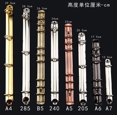 the different types of metal pipes are shown in various colors and sizes, including gold, silver