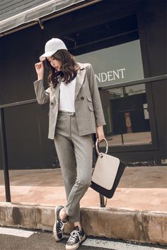 Women Suit Gray Casual Blazer And High Waist Pant Set Suits Korean, Pant Suits, Casual Blazer, Blazer Fashion, Set Outfit, Office Lady, Korean Outfits, Two Piece Sets