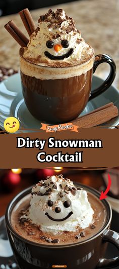 a cup of hot chocolate drink with whipped cream and cinnamon sticks in it, topped with marshmallows