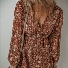 Brown Boho Floral Ruffled Puff Sleeve V Neck Mini Dress Dress Western, Western Brown, V Neck Mini Dress, Fall Clothes, Summer Clothing, Western Dresses, Boho Floral, Boho Dress, Puff Sleeve