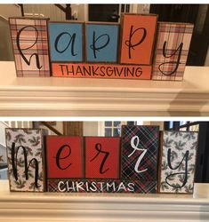 two wooden blocks with the words merry christmas and happy thanksgiving written in different languages on them