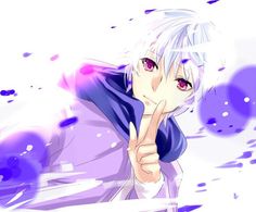 an anime character with white hair and red eyes pointing to the side while holding his finger up