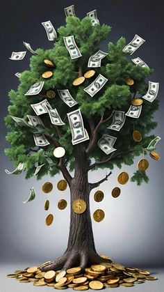 a tree with money falling from it