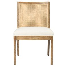 a wooden chair with a white cushion on the back and seat padding, against a white background