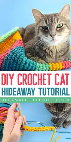 a cat sitting on top of a pile of yarn with the words diy crochet cat hideaway