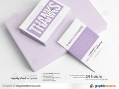 two business cards on top of each other with the words thank you in purple and white