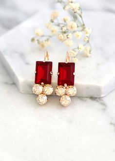 Red Ruby Earrings Ruby Red Crystal Swarovski Drop Earrings | Etsy Elegant Valentine's Day Festive Earrings, Elegant Valentine's Day Earrings For Festive Occasions, Elegant Red Bridal Earrings, Elegant Red Cluster Earrings For Wedding, Elegant Red Bridal Earrings For Party, Red Cluster Earrings For Formal Events, Elegant Red Cluster Earrings, Elegant Red Cluster Earrings For Anniversary, Red Dangle Bridal Earrings