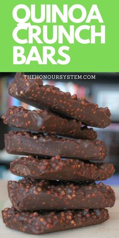 chocolate covered quinoa crunch bars stacked on top of each other with text overlay