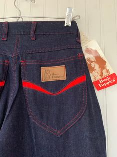 "Rare NWT Vintage Early 80s High Waisted Dark Denim Blue Jeans, by Hush Puppies. New condition and unworn with original tags. Super high rise waist. Front & back pleated down center of leg. Dark denim with red stitching, embroidered back pockets with basset hound logo. Amazing Original condition with original store tags! Brand - Hush Puppies Condition - Original. Deadstock from the 80s, New with original tags 100% Cotton Made in Taiwan Machine Washable Vintage Size - 8 Size - 26\" waist Best Red Retro Denim Bottoms, Vintage Red Denim Bottoms, Florida Dress, Terry Cloth Dress, Jeans High Waisted, Red Jeans, Periwinkle Blue, Basset Hound, Hush Puppies