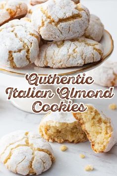 cookies with powdered sugar on top and the words, authentic italian almond cookies above them