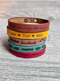 "Simple and fun! This beautiful personalized bracelet can have any engraving you wish for that special gift. Names, birthdays, coordinates, favorite quotes, bible verses. You name it!! Each bracelet is handmade in our shop. Please note each one of these is handmade so no two are exactly alike. Genuine Leather Handmade in the USA Size Height: Top to Bottom is approximately 1/2\" Width: The bracelet is 9\" long overall. Button stud openings are at 7 1/4\" and 8 1/4\" for adjustability. Please veri Women Leather Bracelet, Everyday Adjustable Leather Bracelet Hand Stamped, Adjustable Everyday Leather Bracelet, Personalized Leather Bracelet For Friendship, Adjustable Hand Stamped Leather Bracelets, Personalized Brown Leather Bracelet For Everyday, Personalized Leather Bracelet For Everyday, Adjustable Hand Stamped Leather Bracelet, Personalized Engraved Leather Jewelry