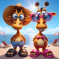 two giraffes wearing sunglasses and hats on the beach