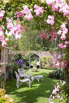 a garden with lawn chairs and pink flowers