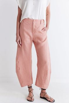 These pants combine the airy comfort of linen with a modern silhouette, offering a stylish option for warmer weather. With their tailored fit and breathable fabric, these pants effortlessly blend sophistication with laid-back charm, making them the perfect wardrobe staple. Tailored fit and tapered leg Elasticized waist with hook-and-bar closure Relaxed leg Breathable fabric Relaxed Wide Leg Trousers For Spring, Chic Relaxed Fit Flax Bottoms, Spring Linen Bottoms With Pockets, Spring Linen Loungewear Bottoms, Wide Leg Linen Bottoms For Spring, Spring Relaxed Straight Pants, Relaxed Straight Leg Spring Pants, Chic Linen Bottoms For Loungewear, Chic Linen Loungewear Bottoms