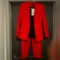 Zara 2 Piece Pants Suit And Beautiful Cherry Red. Front Closure, Pants Has Front Side Pockets, High Waisted Belted Pants, Brand New Never Worn Questions? Leave A Comment Below! Red Pantsuit With Trousers For Formal Occasions, Elegant Red Pantsuit With Straight Pants, Red Elegant Pantsuit, Red Fitted Straight Pantsuit, Chic Red Suit For Party, Elegant Red Workwear Sets, Elegant Red Sets For Workwear, Elegant Red Sets For Work, Red Straight Pantsuit For Spring