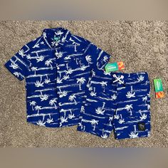 Nwt Boys Blue Palm Tree Print Shorts Set, Sz 4 365 Kids By Garanimals Button Down Shirt + Jogger Style Shorts With Pockets Beach Cotton Shorts With Buttons, Cotton Beach Shorts With Buttons, Short Sleeve Sets With Buttons For Vacation, Casual Beach Bottoms With Buttons, Summer Blue Sets With Pockets, Blue Summer Sets With Pockets, Blue Summer Set With Pockets, Casual Blue Sets With Pockets, Blue Cotton Beach Season Sets