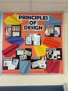 a bulletin board with many different types of design on it's sides and the words principals of design written in large letters