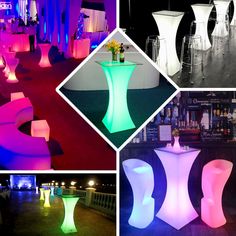 several different types of illuminated tables and stools in various colors, shapes and sizes